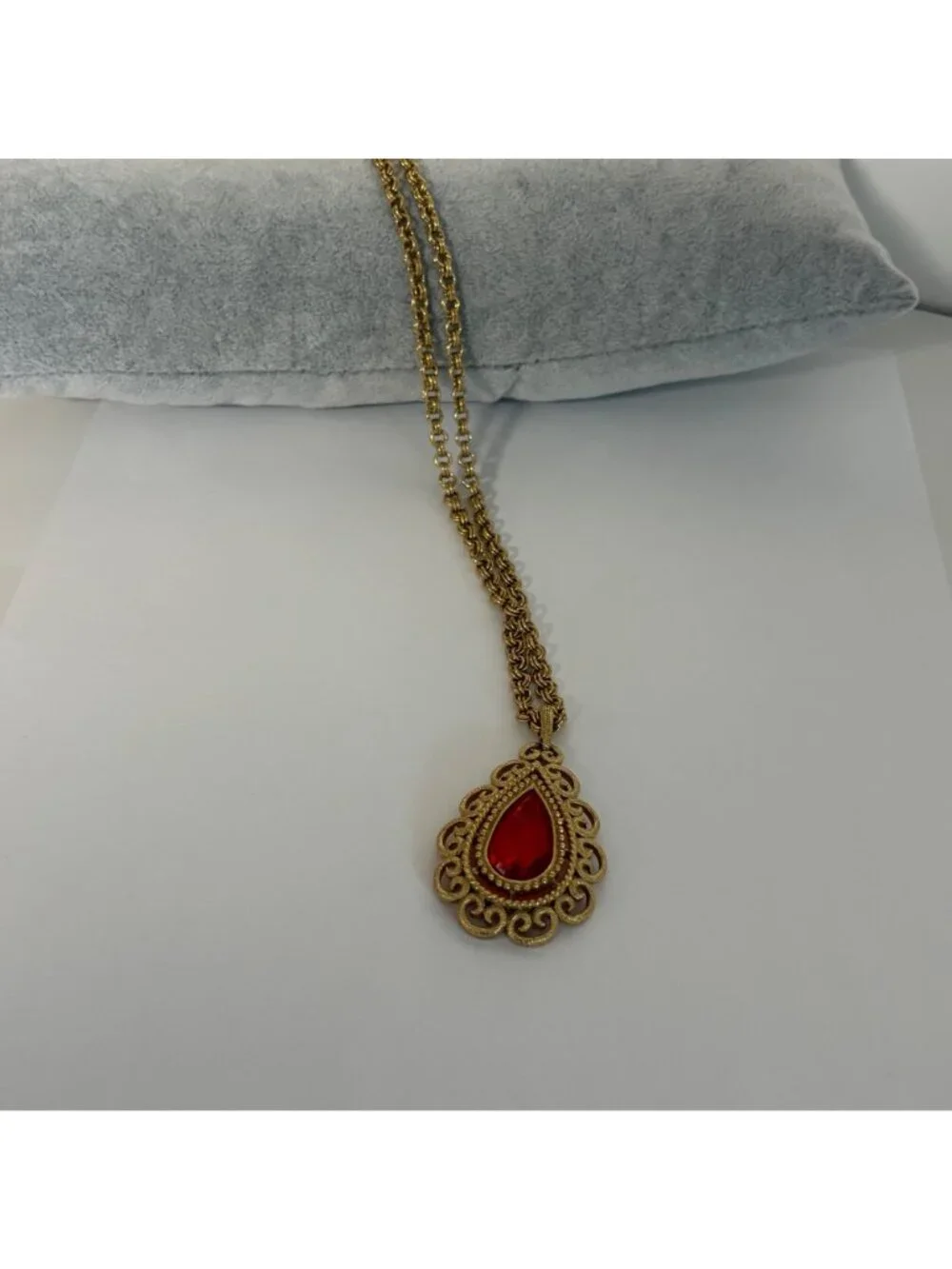 Long Gold Tone Necklace Orange Teardrop Pendant Ornate Filigree Design Jewelry